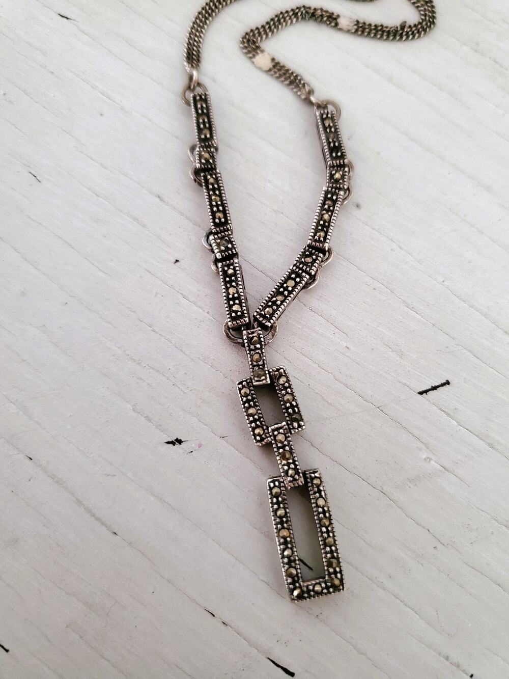 Modernist Sterling Silver Marcasite Lariat Necklace